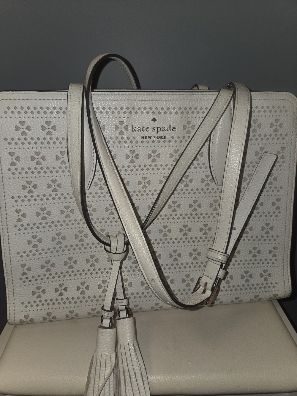 kate spade White Perforated Leather Shoulder Bag with Tassels